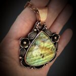 Labradorite Copper Pendant Necklace Floral Large Green Yellow Stone Crystal Gem Rose Gold Chain Statement Amulet Holistic Divination Fine Jewelry Gift for Her huge big bold western southwestern cowgirl Boho Floral Flowers metalsmith handmade choker