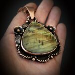 Labradorite Copper Pendant Necklace Floral Large Green Yellow Stone Crystal Gem Rose Gold Chain Statement Amulet Holistic Divination Fine Jewelry Gift for Her huge big bold western southwestern cowgirl Boho Floral Flowers metalsmith handmade choker