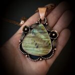 Labradorite Copper Pendant Necklace Floral Large Green Yellow Stone Crystal Gem Rose Gold Chain Statement Amulet Holistic Divination Fine Jewelry Gift for Her huge big bold western southwestern cowgirl Boho Floral Flowers metalsmith handmade choker