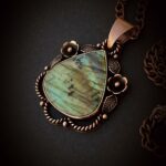 Labradorite Copper Pendant Necklace Floral Large Green Yellow Stone Crystal Gem Rose Gold Chain Statement Amulet Holistic Divination Fine Jewelry Gift for Her huge big bold western southwestern cowgirl Boho Floral Flowers metalsmith handmade choker