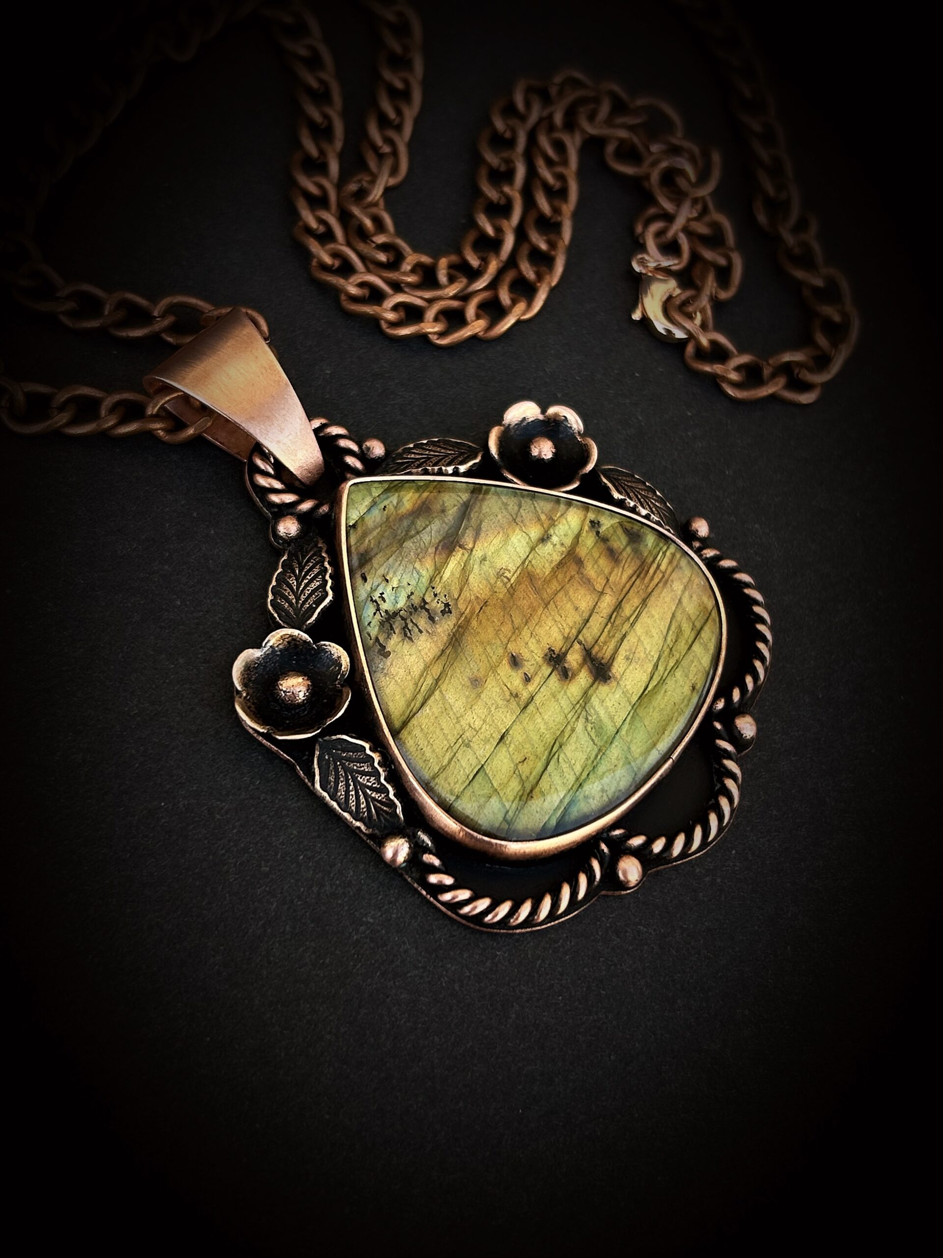 Labradorite Copper Pendant Necklace Floral Large Green Yellow Stone Crystal Gem Rose Gold Chain Statement Amulet Holistic Divination Fine Jewelry Gift for Her huge big bold western southwestern cowgirl Boho Floral Flowers metalsmith handmade choker