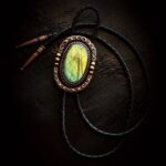 Labradorite & Copper Bolo Tie Black Brown Beige Leather Vegan Western Southwestern Men Women Cowboy Cowgirl Y Necklace Formal Wedding Green Gold Blue healing crystal agate Gem Stone Gift Groom Concho Lariat star sun Bola Bowtie metalsmith celestial