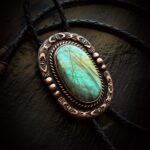 Labradorite & Copper Bolo Tie Black Brown Beige Leather Vegan Western Southwestern Men Women Cowboy Cowgirl Y Necklace Formal Wedding Green Gold blue healing crystal agate Gem Stone Gift Groom Concho Lariat star sun Bola Bowtie metalsmith celestial