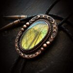 Labradorite & Copper Bolo Tie Black Brown Beige Leather Vegan Western Southwestern Men Women Cowboy Cowgirl Y Necklace Formal Wedding Green Gold Blue healing crystal agate Gem Stone Gift Groom Concho Lariat star sun Bola Bowtie metalsmith celestial