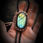 Labradorite & Copper Bolo Tie Black Brown Beige Leather Vegan Western Southwestern Men Women Cowboy Cowgirl Y Necklace Formal Wedding Green Gold Blue healing crystal agate Gem Stone Gift Groom Concho Lariat star sun Bola Bowtie metalsmith celestial