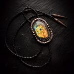 Labradorite & Copper Bolo Tie Black Brown Beige Leather Vegan Western Southwestern Men Women Cowboy Cowgirl Y Necklace Formal Wedding Yellow Gold Orange Rust crystal agate Gem Stone Gift Groom Concho Lariat star sun Bola Bowtie metalsmith celestial