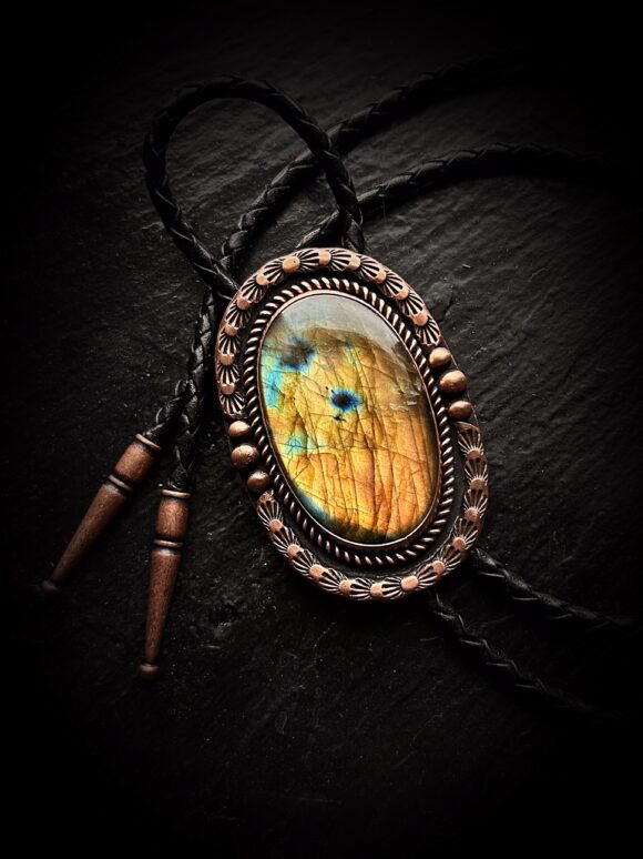 Labradorite & Copper Bolo Tie Black Brown Beige Leather Vegan Western Southwestern Men Women Cowboy Cowgirl Y Necklace Formal Wedding Yellow Gold Orange Rust crystal agate Gem Stone Gift Groom Concho Lariat star sun Bola Bowtie metalsmith celestial