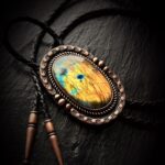 Labradorite & Copper Bolo Tie Black Brown Beige Leather Vegan Western Southwestern Men Women Cowboy Cowgirl Y Necklace Formal Wedding Yellow Gold Orange Rust crystal agate Gem Stone Gift Groom Concho Lariat star sun Bola Bowtie metalsmith celestial