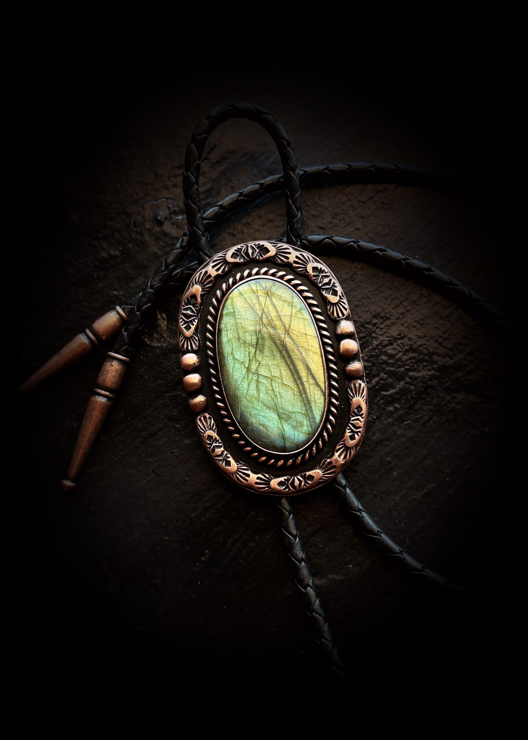 Labradorite & Copper Bolo Tie Black Brown Beige Leather Vegan Western Southwestern Men Women Cowboy Cowgirl Y Necklace Formal Wedding Green Gold Blue healing crystal agate Gem Stone Gift Groom Concho Lariat star sun Bola Bowtie metalsmith celestial