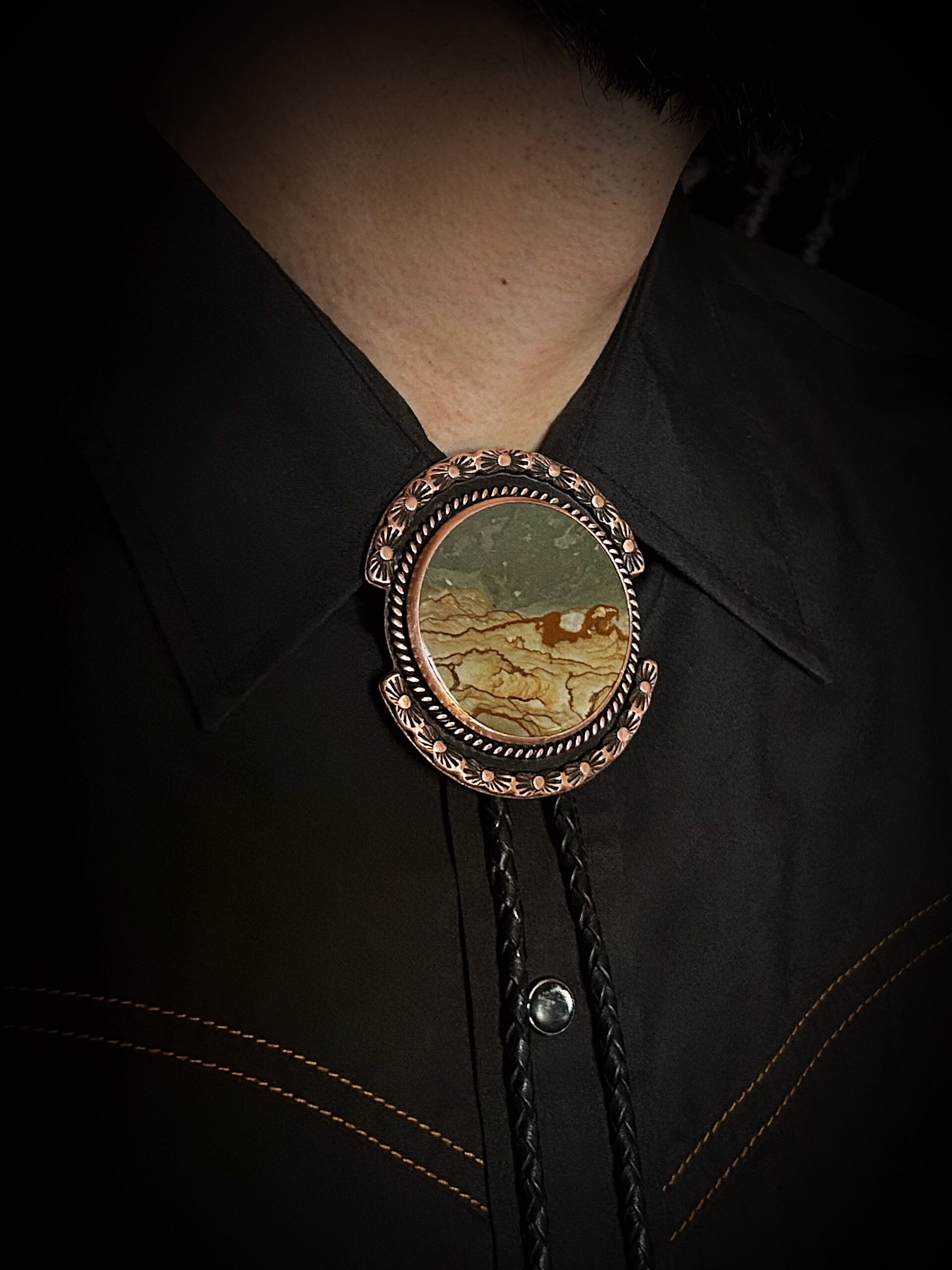 Picture Jasper Stone Bolo Tie artisan copper bola Black Brown Leather South Western Men Women Cowboy Wedding Vegan Scenic beige desert gemstone Agate Crystal Gifts for Him Groom Anniversary western goth menswear accessories metal smith fine jewelry