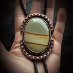 Picture Jasper Stone Bolo Tie artisan copper bola Black Brown Leather South Western Men Women Cowboy Wedding Vegan Scenic beige desert gemstone Agate Crystal Gifts for Him Groom Anniversary western goth menswear accessories metal smith fine jewelry