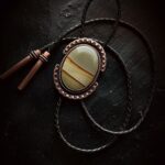 Picture Jasper Stone Bolo Tie artisan copper bola Black Brown Leather South Western Men Women Cowboy Wedding Vegan Scenic beige desert gemstone Agate Crystal Gifts for Him Groom Anniversary western goth menswear accessories metal smith fine jewelry