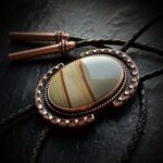 Picture Jasper Stone Bolo Tie artisan copper bola Black Brown Leather South Western Men Women Cowboy Wedding Vegan Scenic beige desert gemstone Agate Crystal Gifts for Him Groom Anniversary western goth menswear accessories metal smith fine jewelry