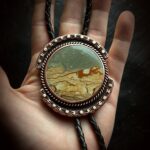 Picture Jasper Stone Bolo Tie artisan copper bola Black Brown Leather South Western Men Women Cowboy Wedding Vegan Scenic beige desert gemstone Agate Crystal Gifts for Him Groom Anniversary western goth menswear accessories metal smith fine jewelry